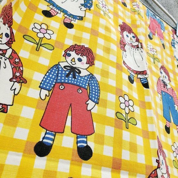 60s Children Curtains Raggedy Ann Andy Panels Nursery Yellow Vintage Decor